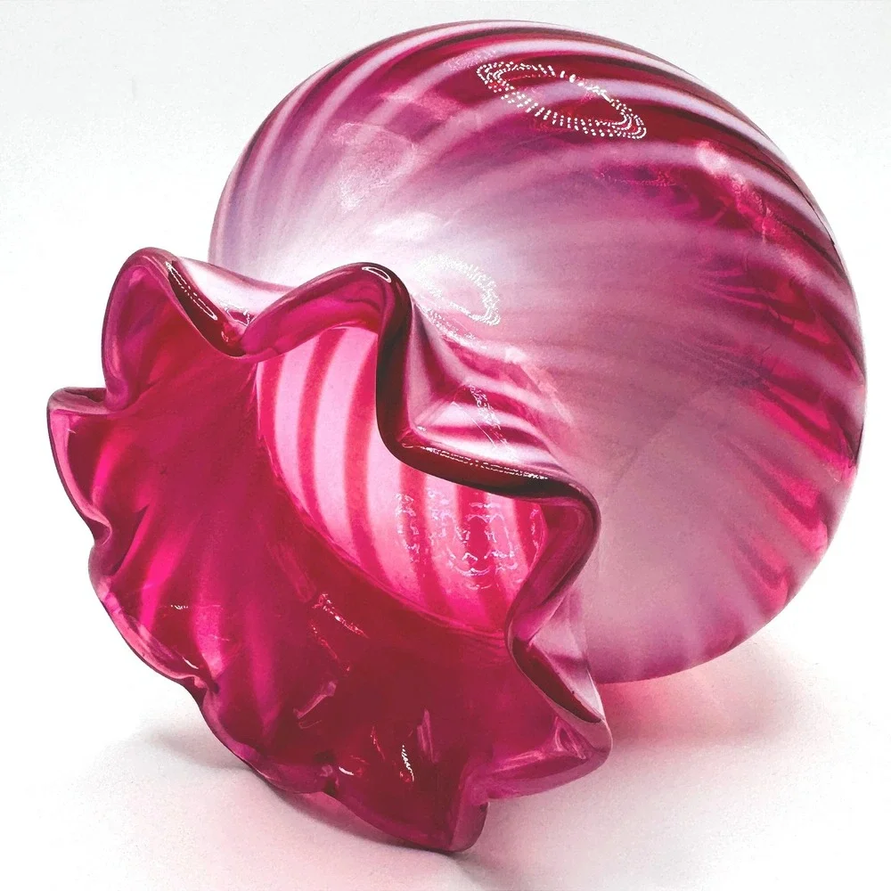 Fenton Vintage Cranberry Opalescent Swirl Art Glass Vase Ruffled Rim Hand Blown